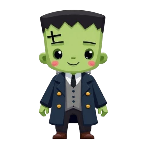 Frankie, a friendly green creature in a navy coat with gold buttons
